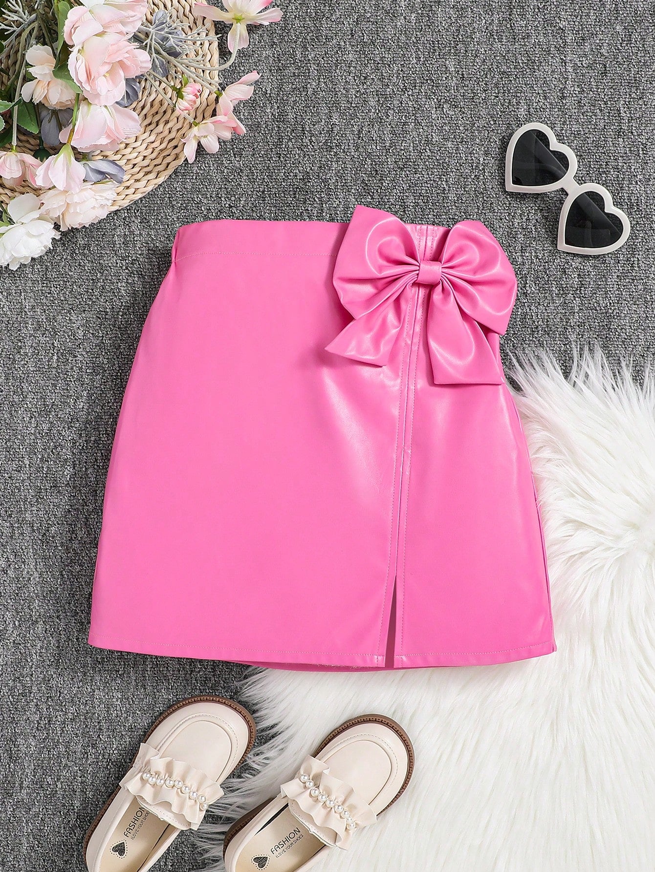 Tween Girls' Streetwear Pu Leather Solid Color Skirt With Athletic Style