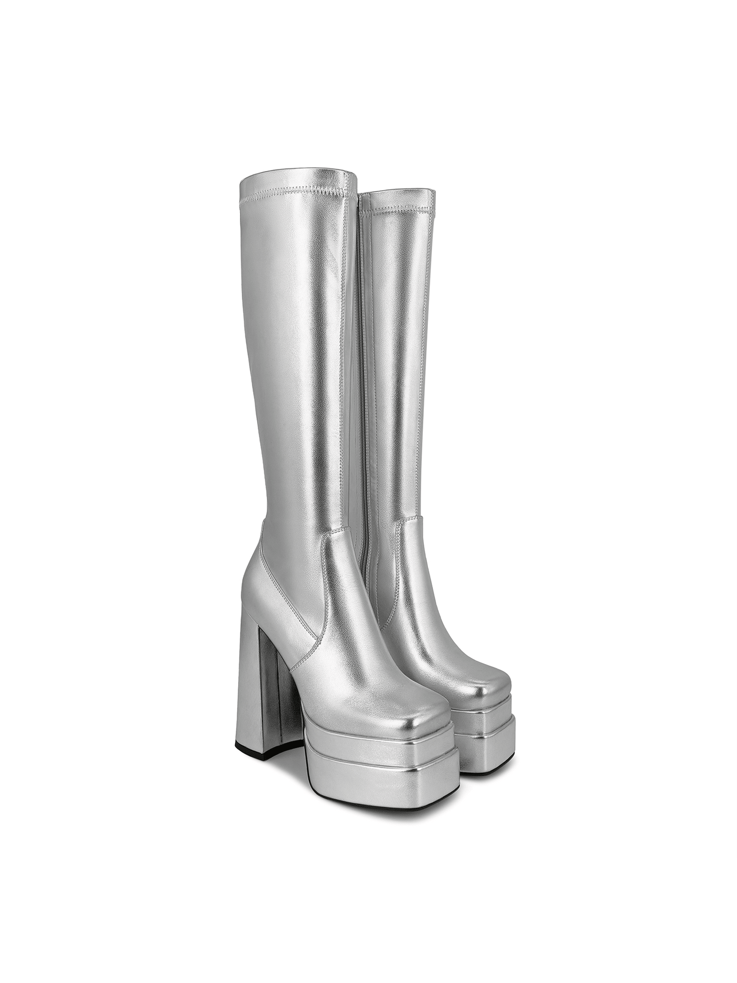 ISNOM Stacked Platform Knee High Boots For Women With High Chunky Heel, Gogo Boots For Women With Square Toe Side Zipper Stretch Boot