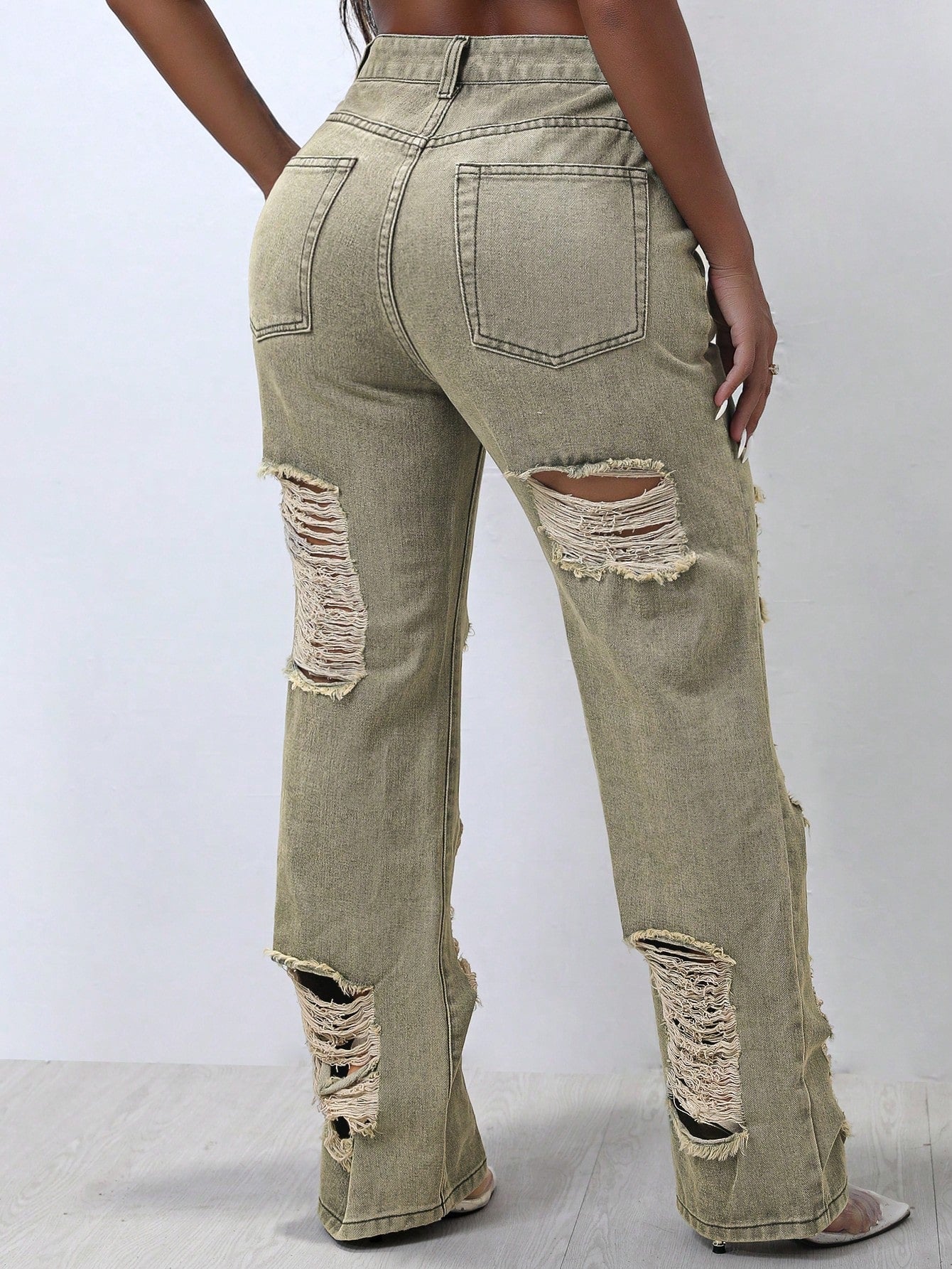 Y2K Street  Slant Pocket Distressed Ripped Cut Out Straight Leg Jeans