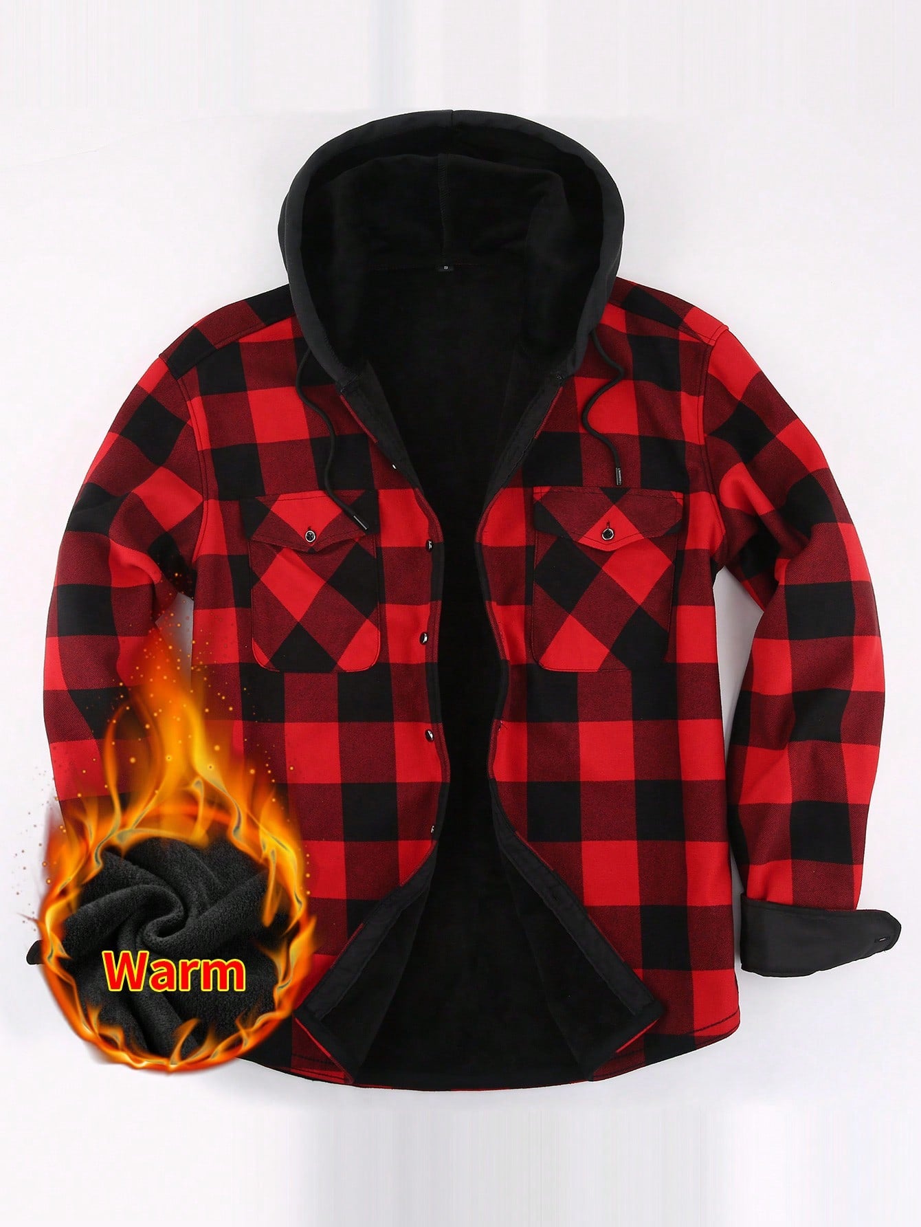 Men's Thickened Hooded Flannel Shirt Winter Warm Plaid Fleece Lined Long Sleeve Coat