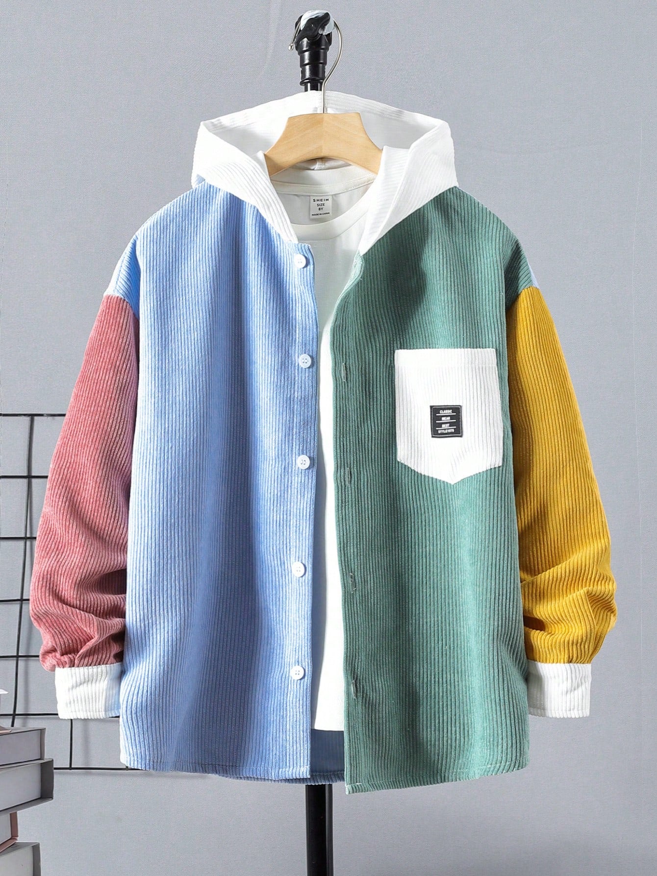 Tween Boy Casual Hooded Button-Up Shirt With Color Block Design, Youth