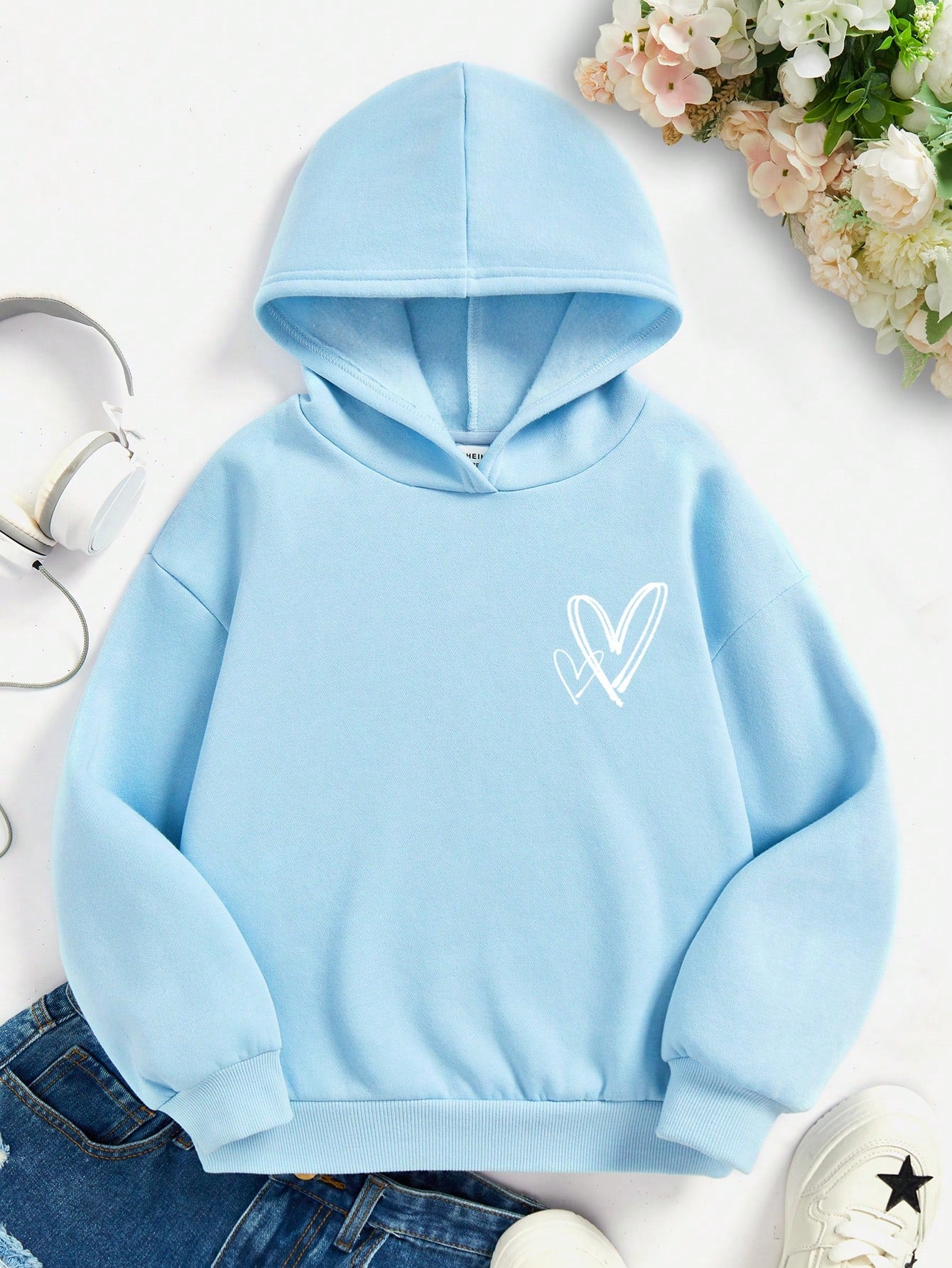 Tween Girl Casual Heart Print Long Sleeve Hooded Sweatshirt Suitable For Autumn And Winter