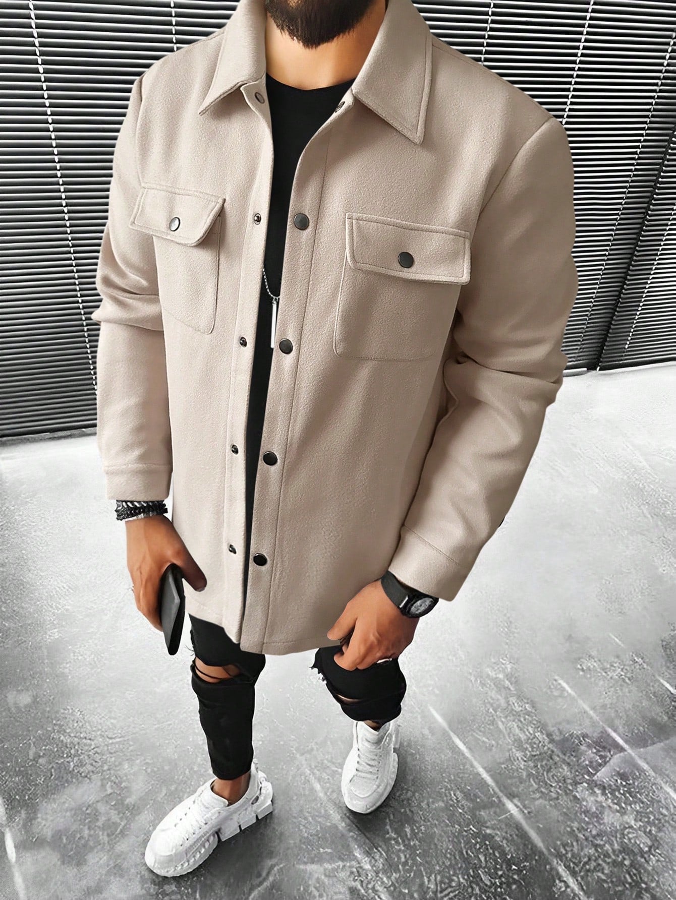 Men's Woolen Coat With Cargo Pocket