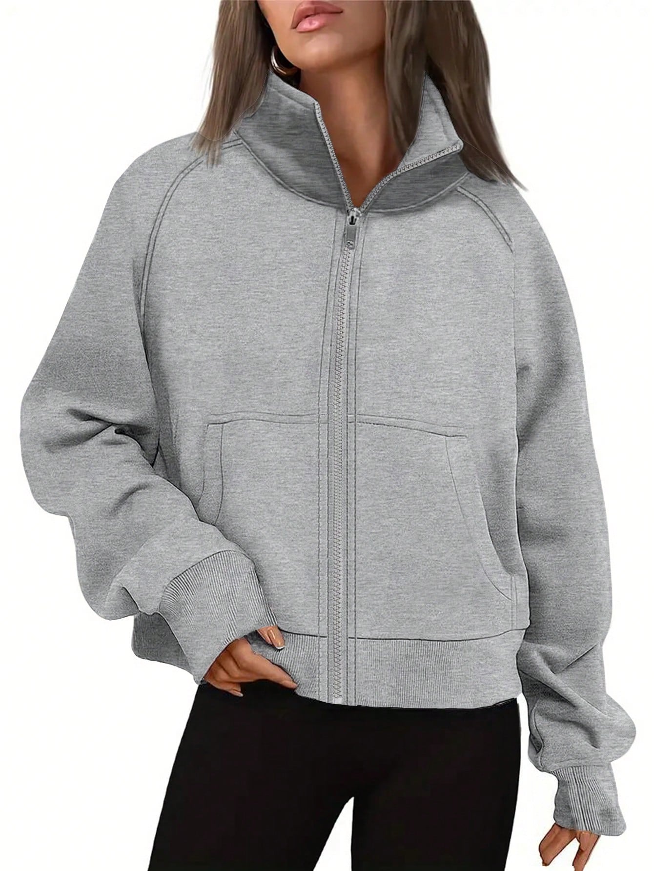 Women's Solid Color Zipper Half Placket Sweatshirt With Raglan Sleeve