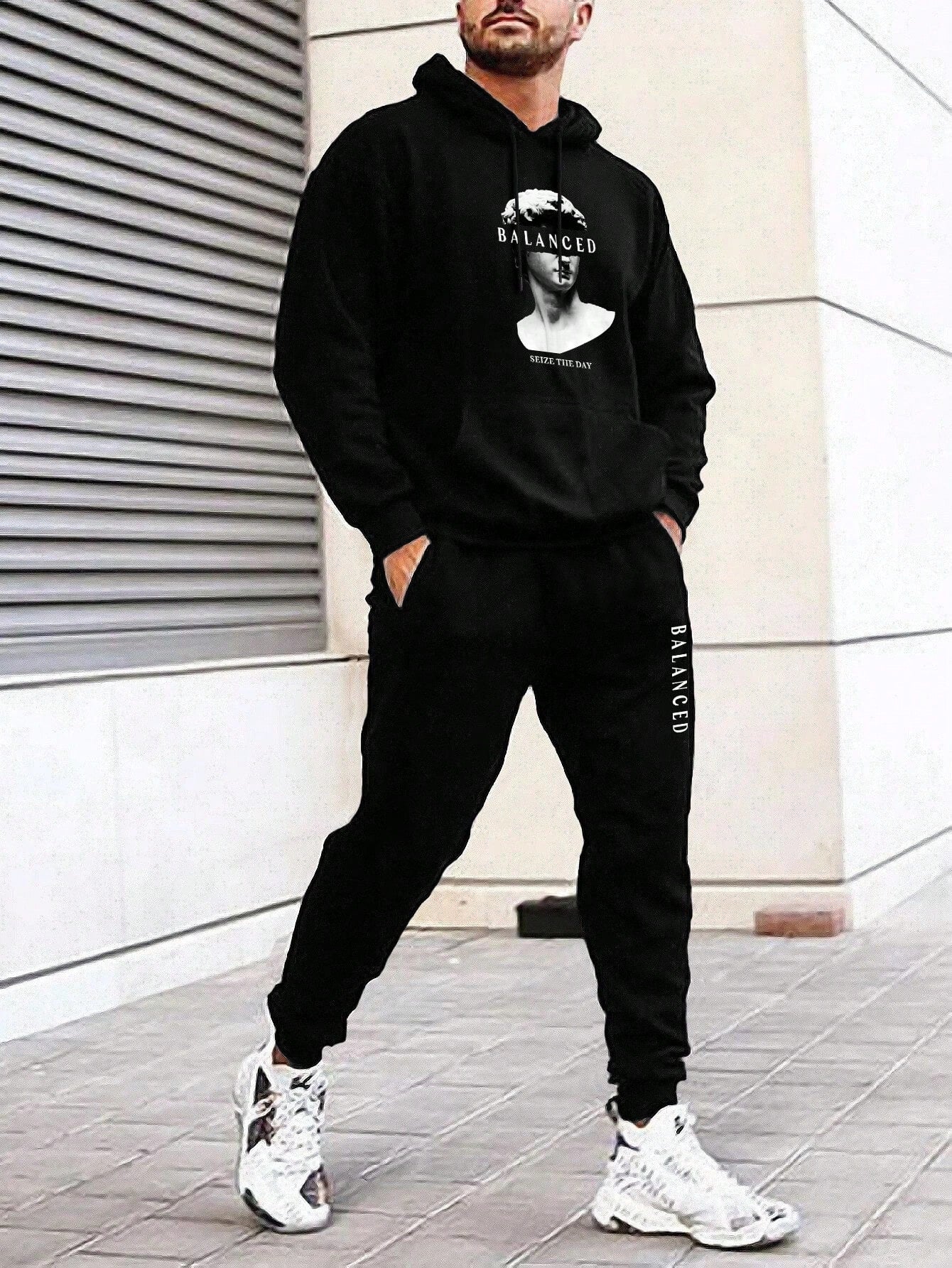 Men Plus Figure Graphic Drawstring Hoodie & Sweatpants