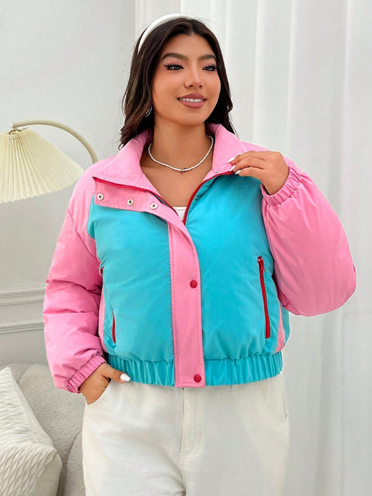 Women's Plus Size Color Block Zipper Front Drop Shoulder Jacket