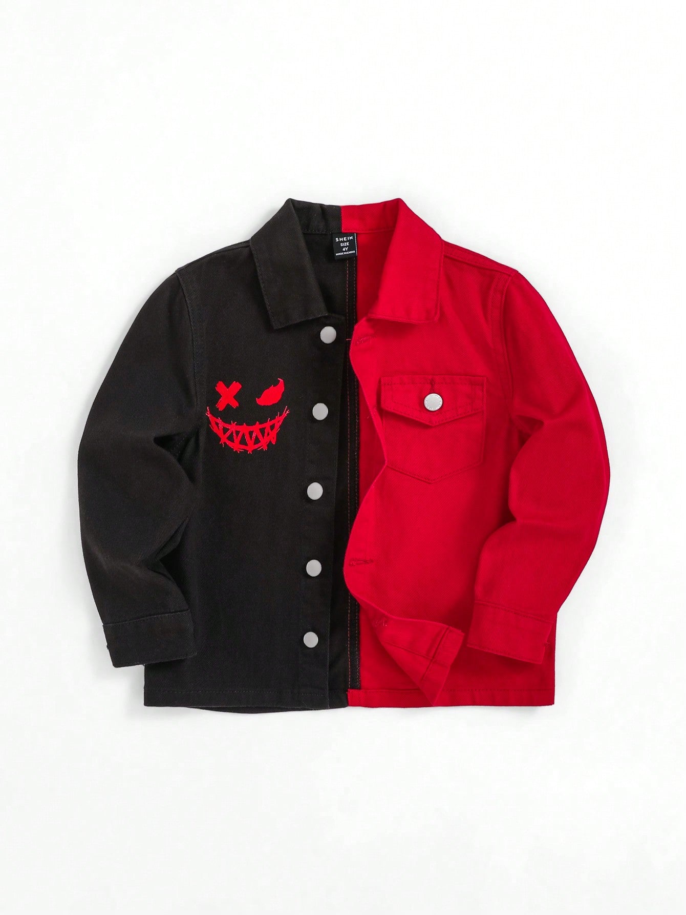 Young Boy Two Tone Cartoon Print Flap Pocket Denim Jacket