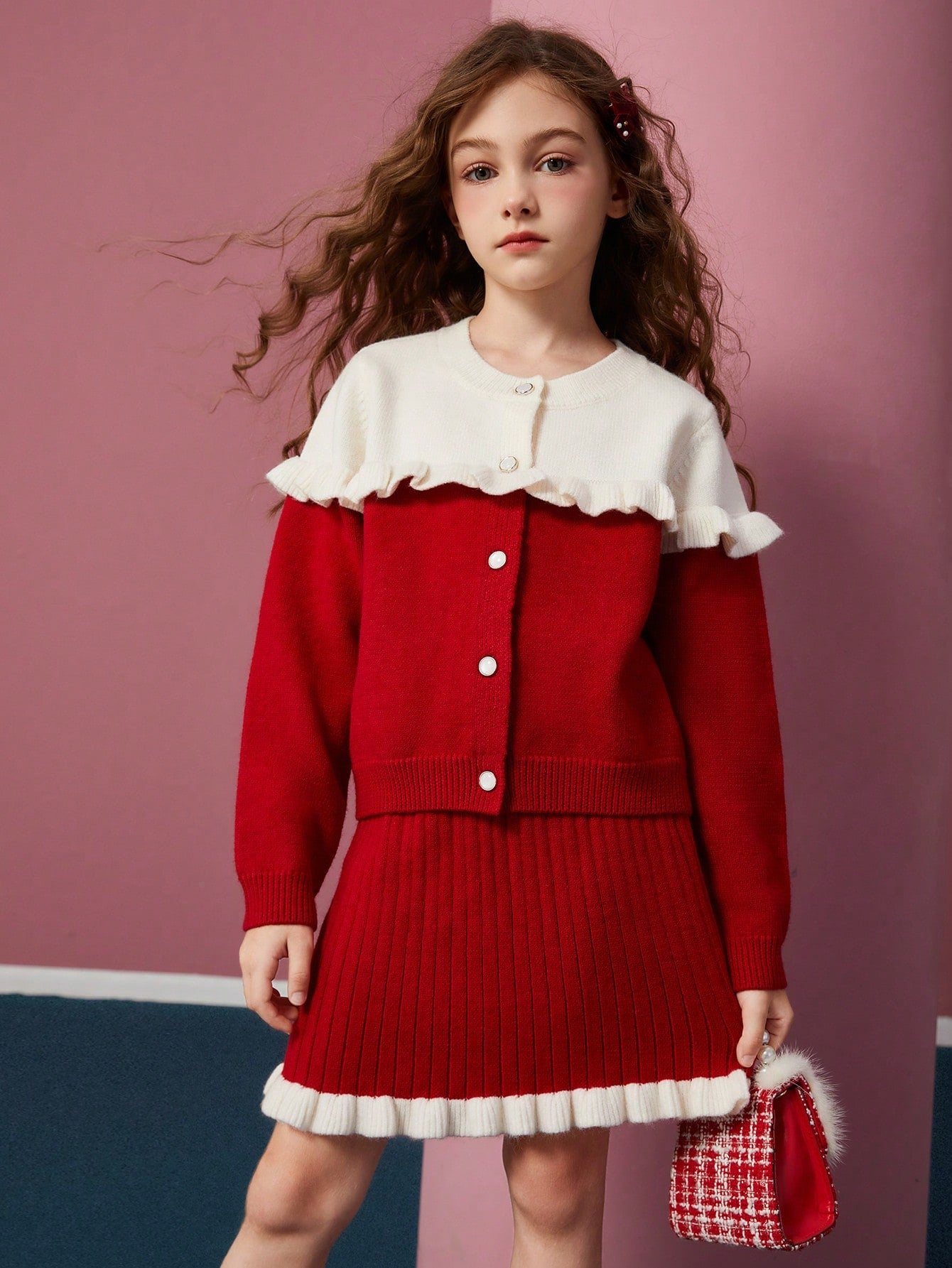 Tween Girl Thickened Colorblock Cardigan And Knit Skirt 2pcs/Set, Keep Warm