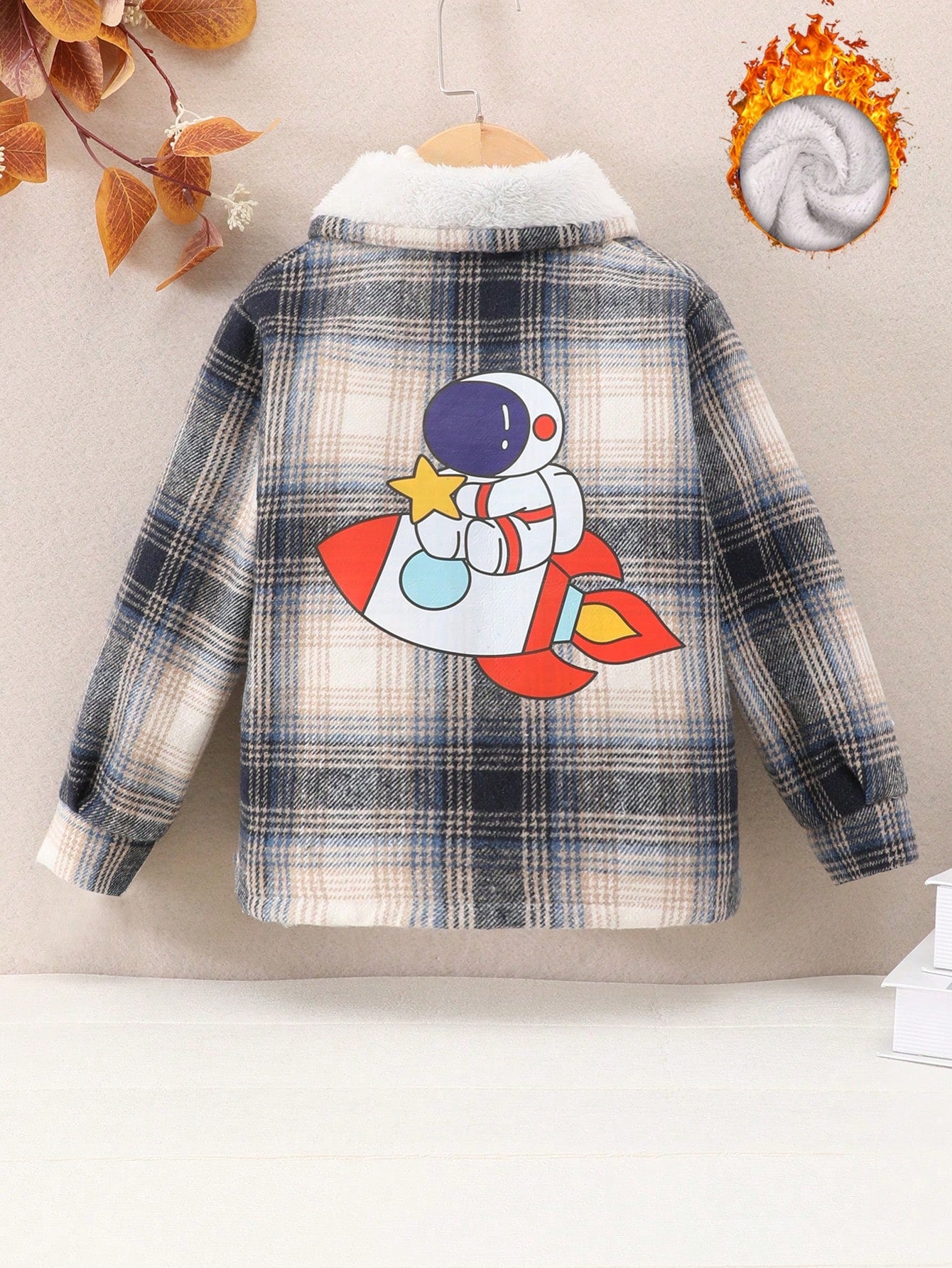 Young Boy 1pc Cartoon Graphic Thermal Lined Plaid Coat