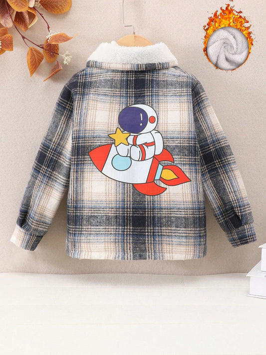 Young Boy 1pc Cartoon Graphic Thermal Lined Plaid Coat