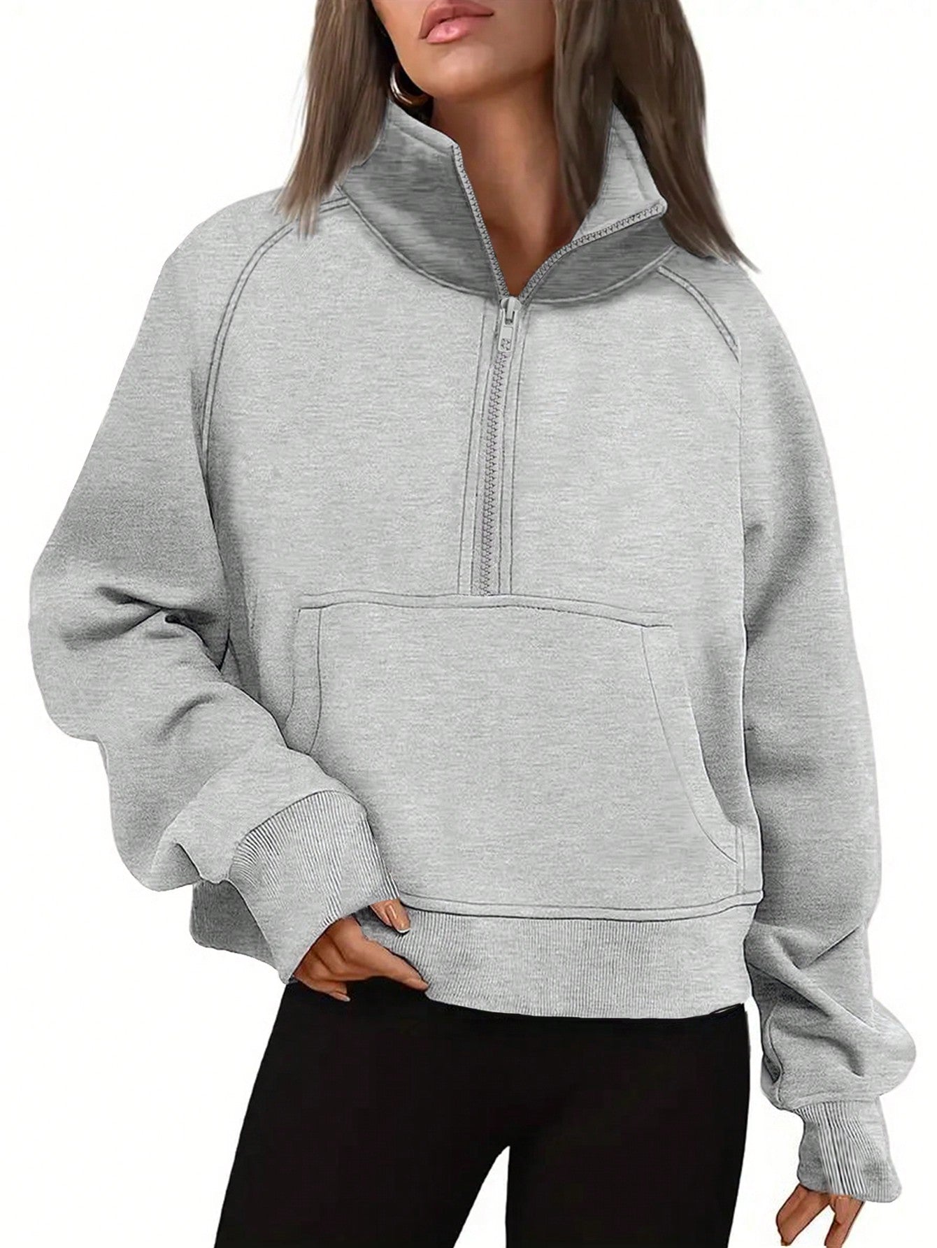 Women's Solid Color Zipper Half Placket Sweatshirt With Raglan Sleeve