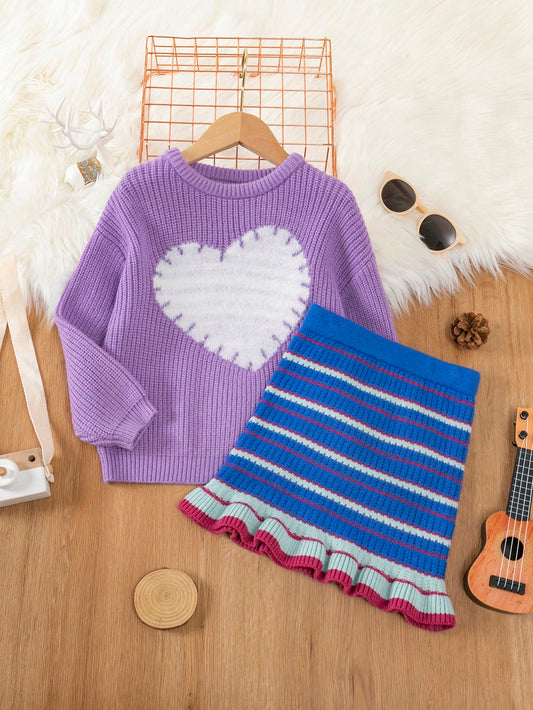 Little Girls' Heart Pattern Sweater And Skirt Set