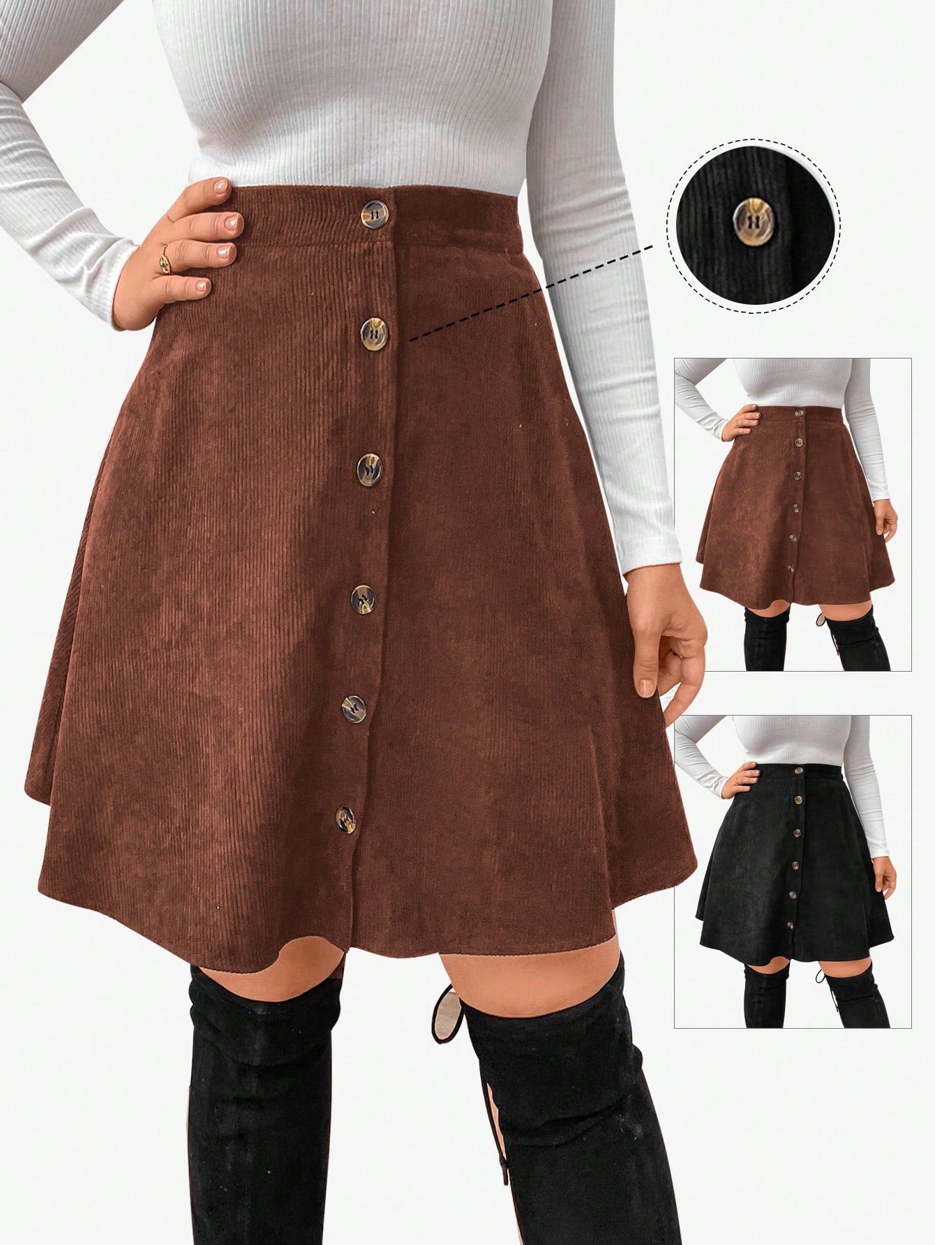 Frenchy One Plus Size Corduroy Button Front A-line Skirt