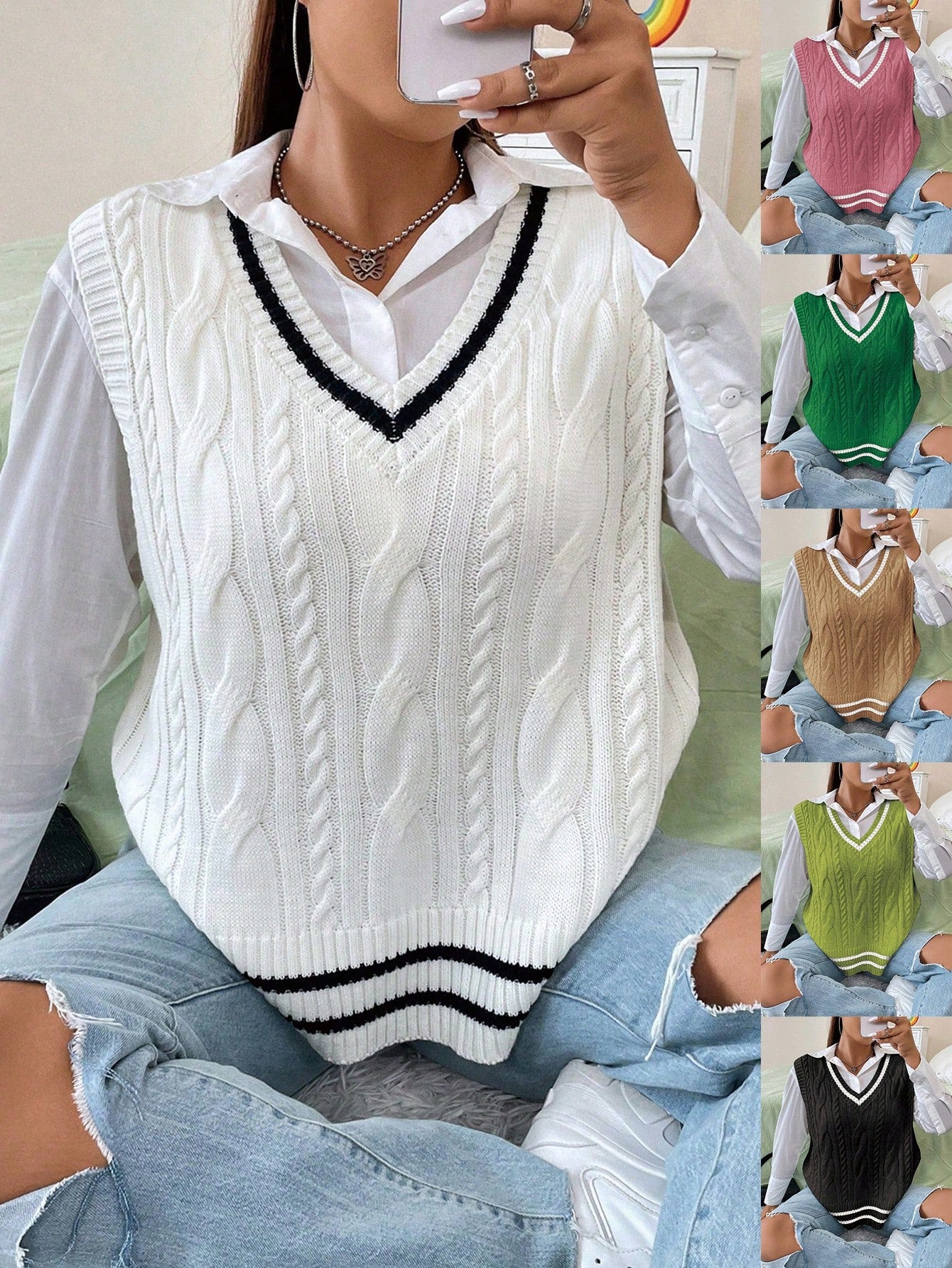 Plus Striped Trim Cable Knit Sweater Vest Without Blouse