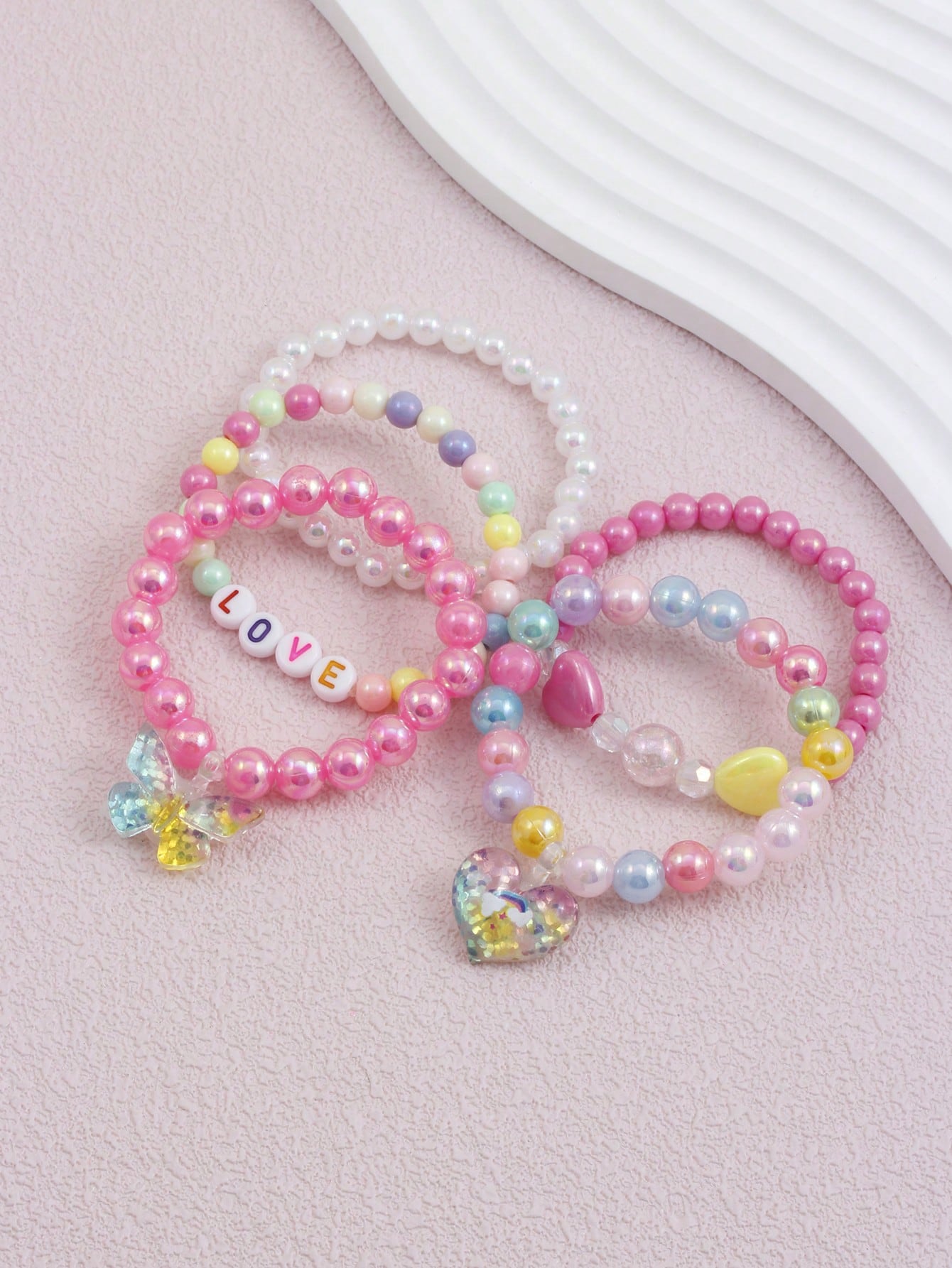 5pcs Girls' Butterfly & Heart Shaped Charm Beaded Bracelet With Pendant Jewelry Set, Random Color