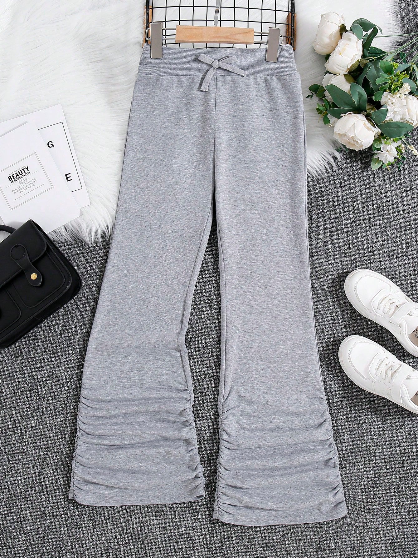 Tween Girl Knot Front Ruched Hem Flare Leg Sweatpants