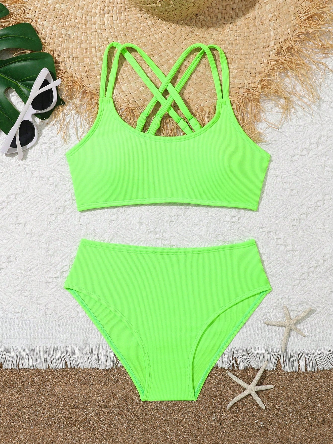 Tween Girl Bikini Set Two Pieces Shoulder Strap Crisscross Ribbed Swimwear Spring Summer Fluorescent Color Split Swimwear Summer Beach