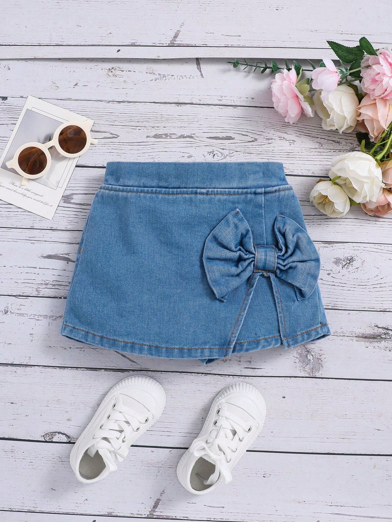 Young Girl Casual Denim Skort With Integrated Bow Decoration