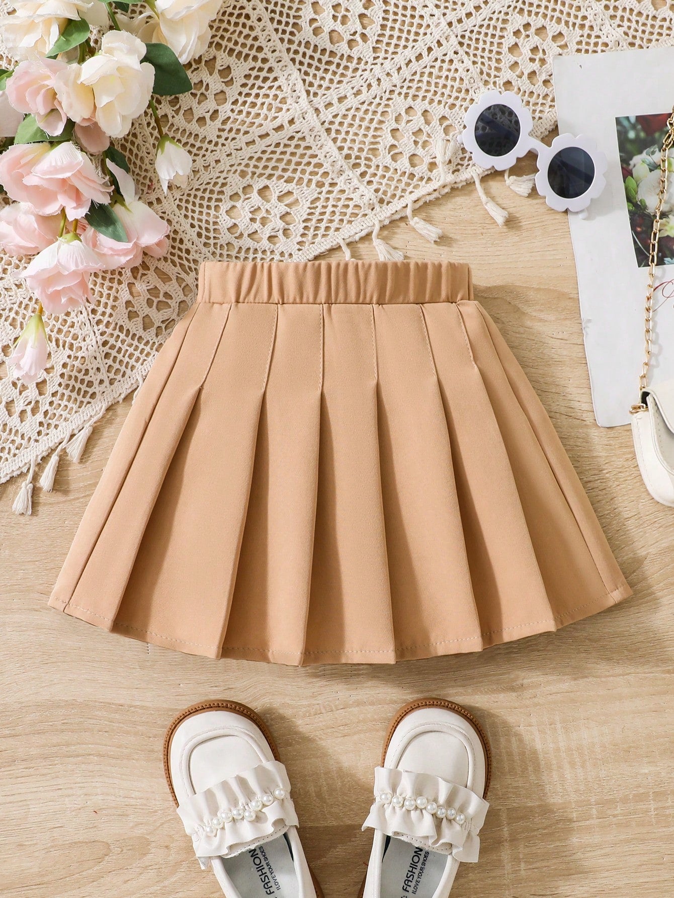 Young Girls' Fashionable Deep Camel Pleated Skirt, Ideal For Spring And Summer