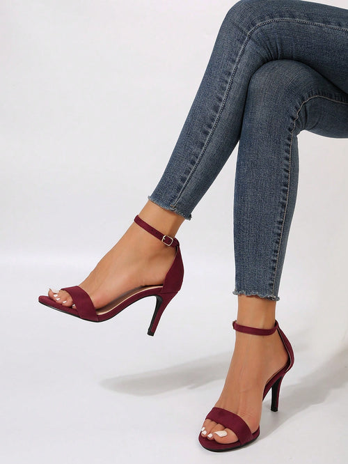 1pair Ladies' Solid Color Fashionable High Heel Sandals With Ankle Strap And Buckle, 8cm Heel