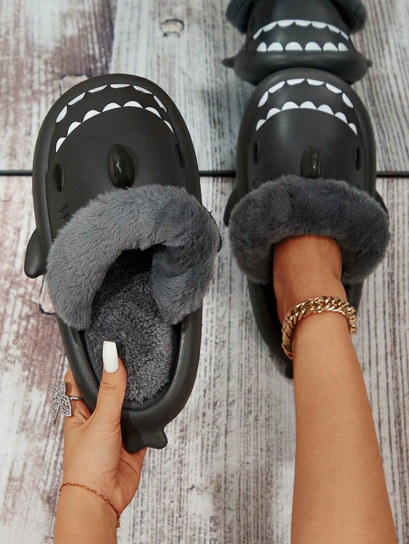 Detachable Shark Design Slippers, Soft Sole, Anti-Slip, Warm Fleece Lining, Couples Unisex, Autumn/Winter