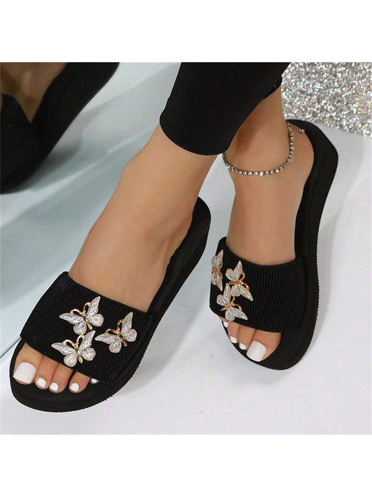 Rhinestone Butterfly Decor Wedge Sandals