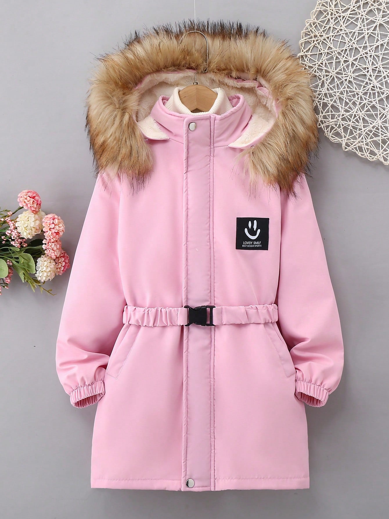 Tween Girl Letter Patched Detail Fuzzy Trim Hooded Thermal Lined Belted Coat