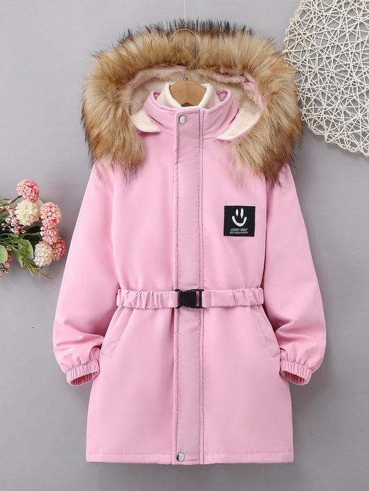 Tween Girl Letter Patched Detail Fuzzy Trim Hooded Thermal Lined Belted Coat