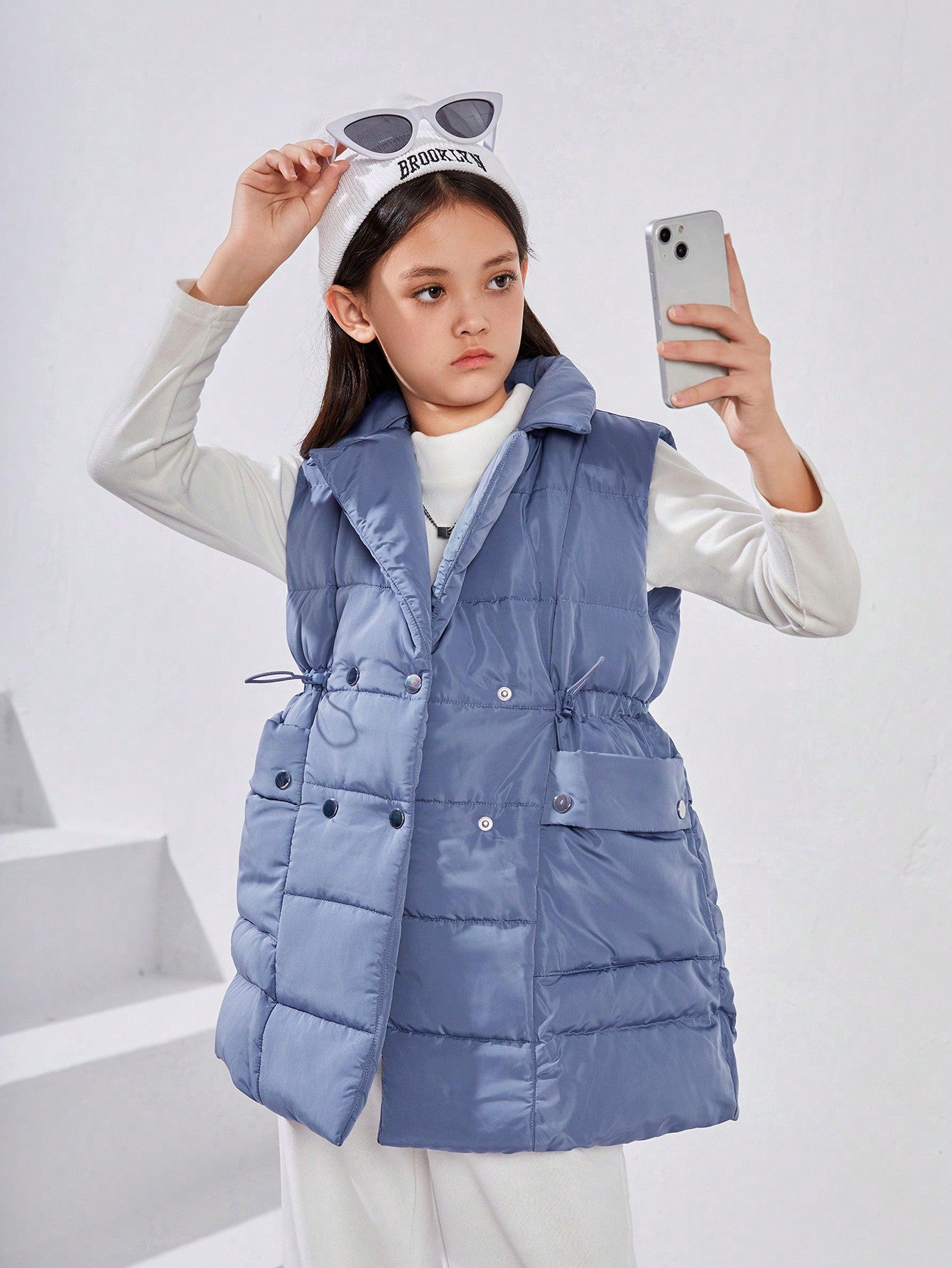 Tween Girl 1pc Lapel Neck Drawstring Waist Puffer Vest Coat