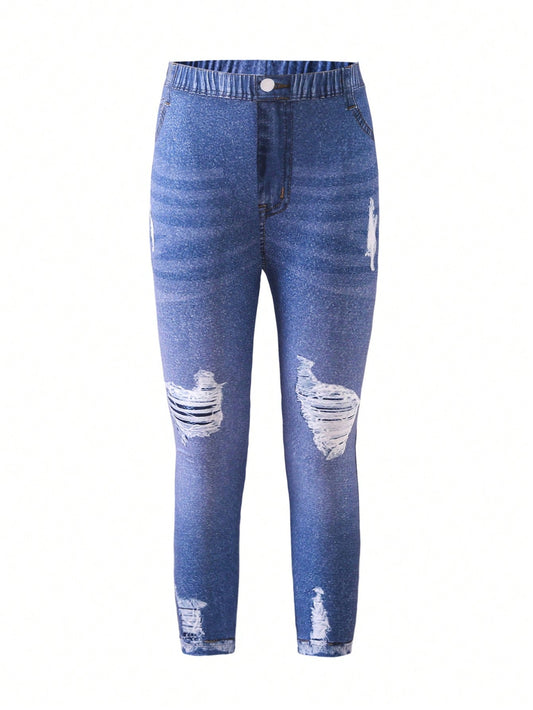 Young Girl Distressed Printed Denim Look Leggings