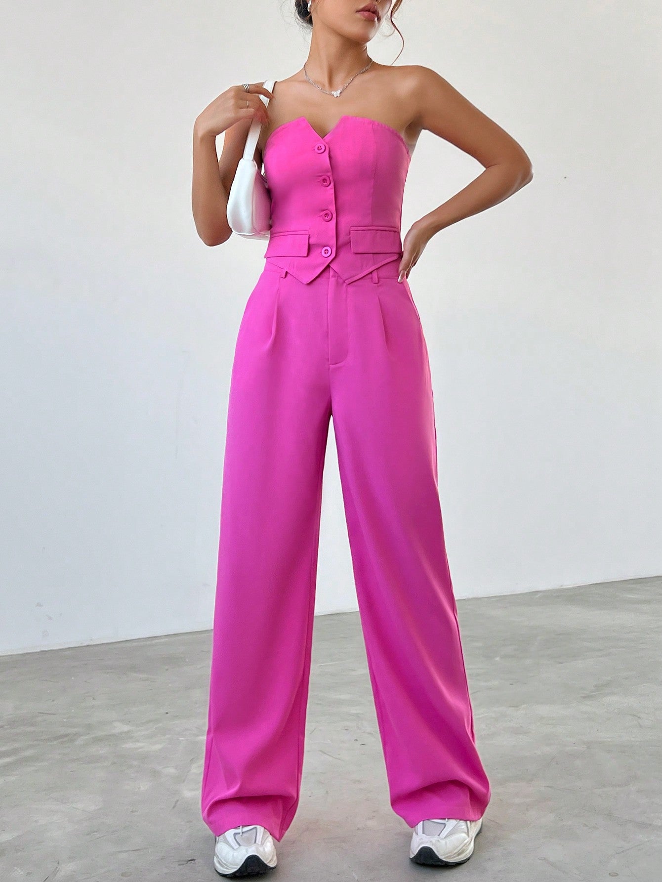 Women's Solid Color Front Button Asymmetrical Hem Top And Long Pants, Casual 2pcs/Set For Summer