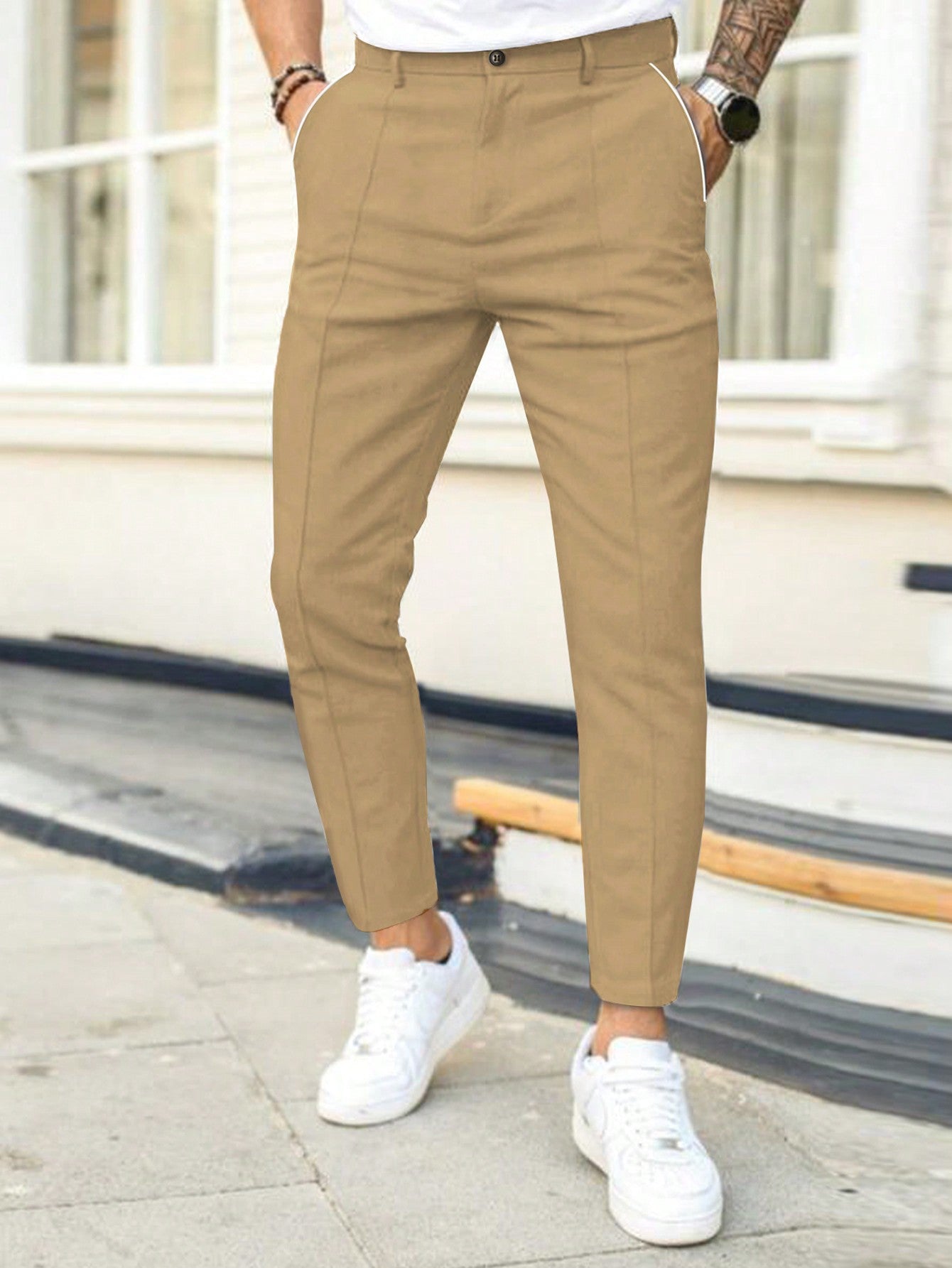 Men Casual Solid Slant Pocket Suit Pants