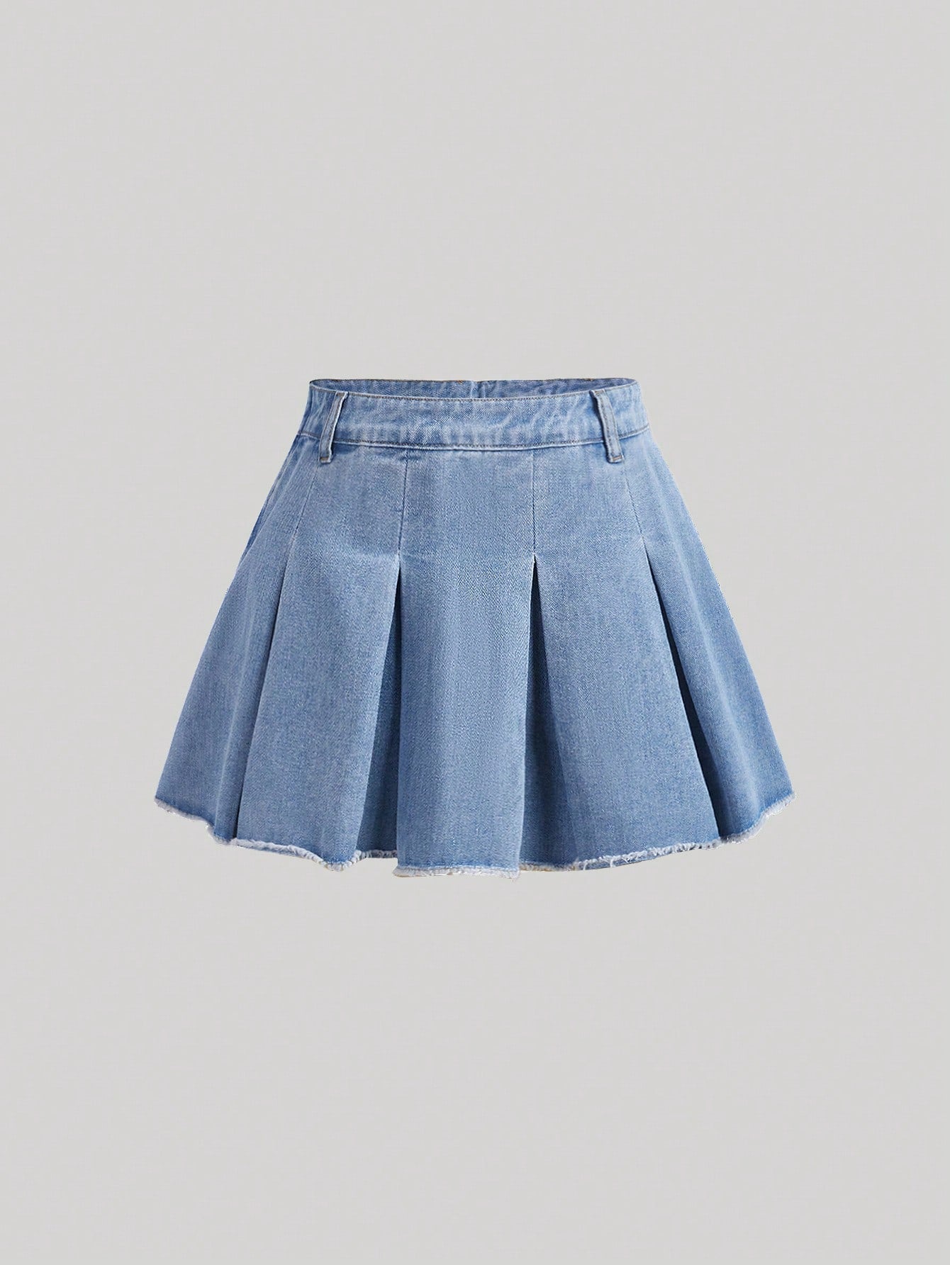 Teen Girl Solid Pleated Raw Hem Denim Skirt