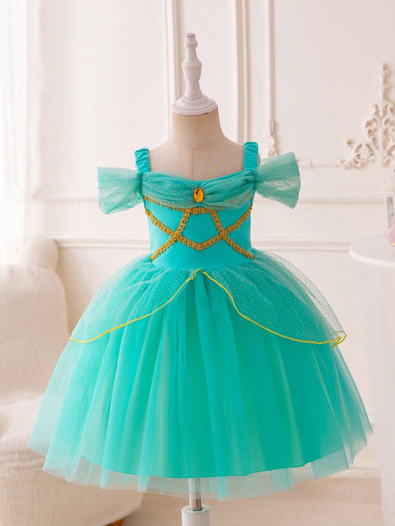 Young Girl's Mesh & Ribbon Patchwork Off-Shoulder Cami Princess Party Dress