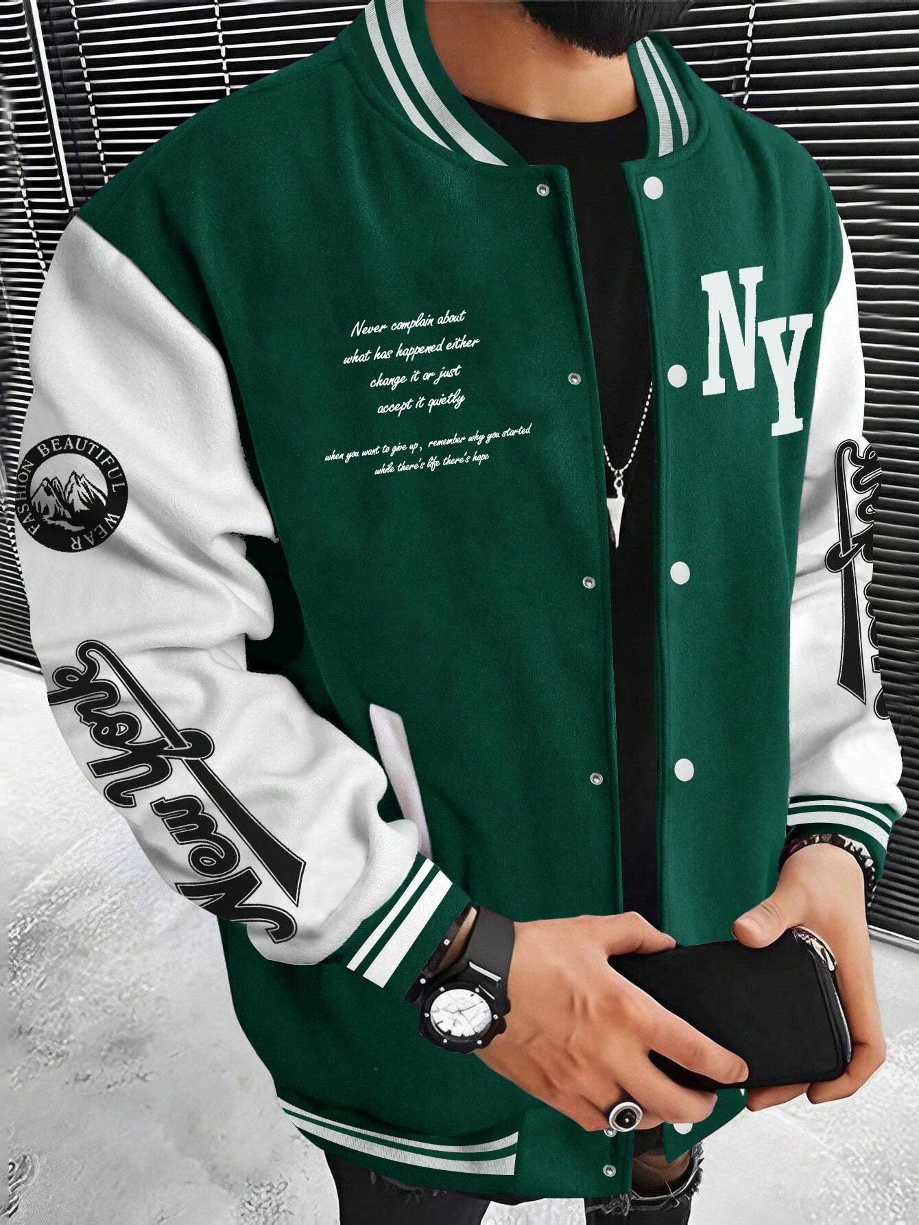 Men Slogan Graphic Colorblock Varsity Jacket