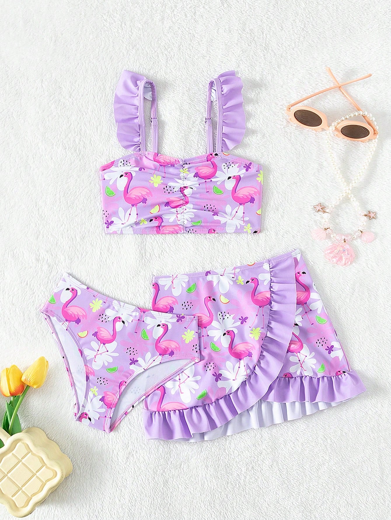 Young Girl Flamingo Print Ruffle Trim Bikini Set With Beach Skirt Summer Beach