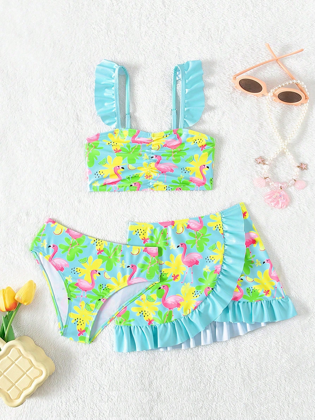 Young Girl Flamingo Print Ruffle Trim Bikini Set With Beach Skirt Summer Beach