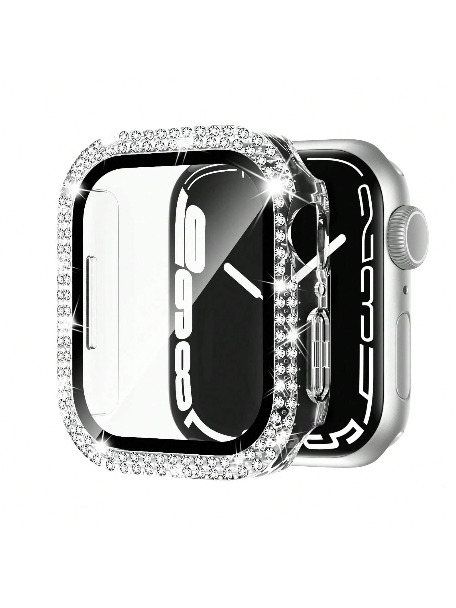 Compatible With Apple Watch Case Series 9/87/6/5/4/3/2/1/SE 38 40 41 42 44 45 Mm With Tempered Glass Screen Protector, Double Bling Case Crystal Diamonds Rhinestone Bumper Overall Hard PC Ultra-Thin Protective Cover For Apple Watch
