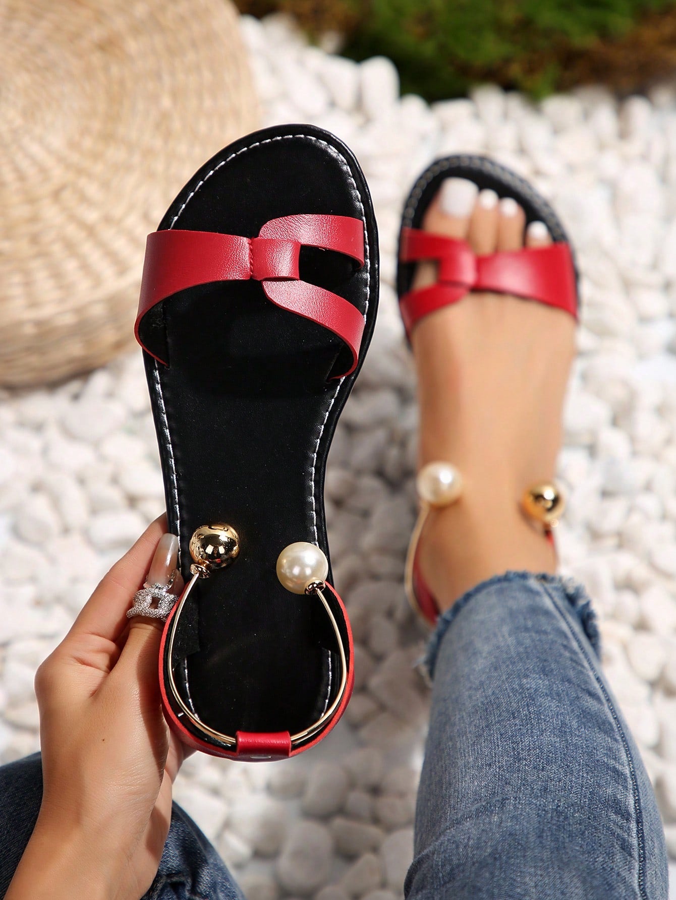 European And American New Style Plus Size Color Block Peep Toe Beaded Red Women's Sandals, Casual Fashionable Outdoor Beach Shoes For Summer