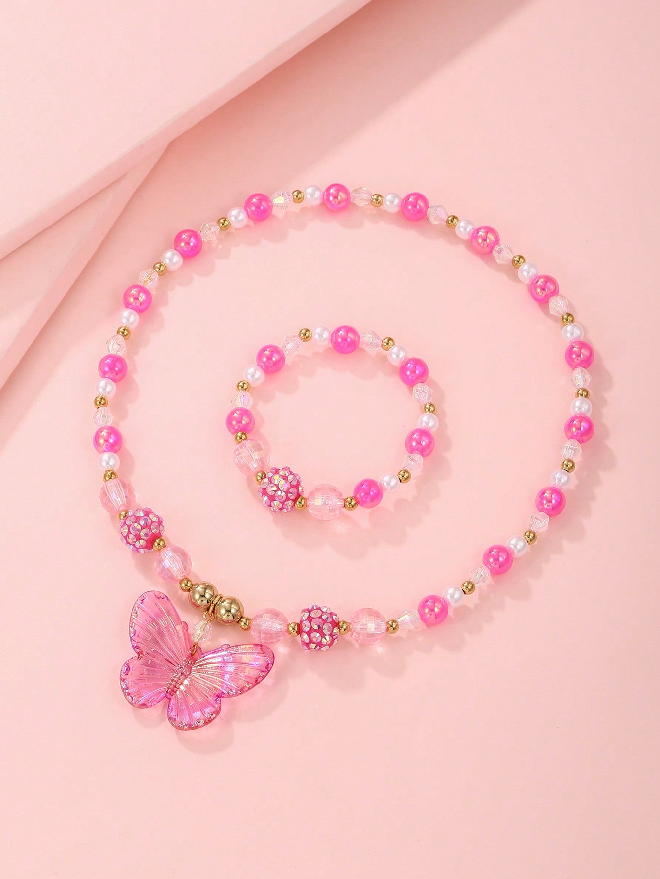 1pc Girls Butterfly Decor PMMA Beaded Necklace & 1 Beaded Bracelet For Daily Decoration