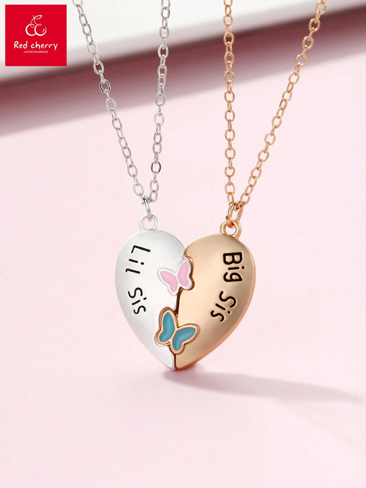 2pcs/Set Girls' Big Sis Lil Sis Butterfly & Heart Interlocking Zinc Alloy Necklace (Matte Gold & Silver Plated), Mother's Day & Sisterhood Bijoux Gift