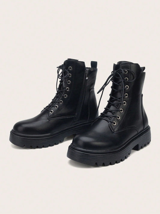 Unisex Women's Platform Boots With Simple Design, Front Lace-up Boots