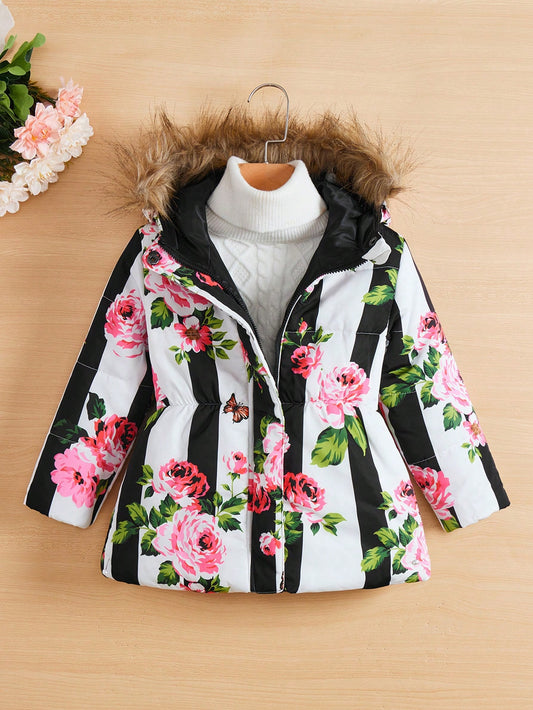 Young Girl Floral And Striped Print Fuzzy Trim Hooded Padded Coat Without Sweater