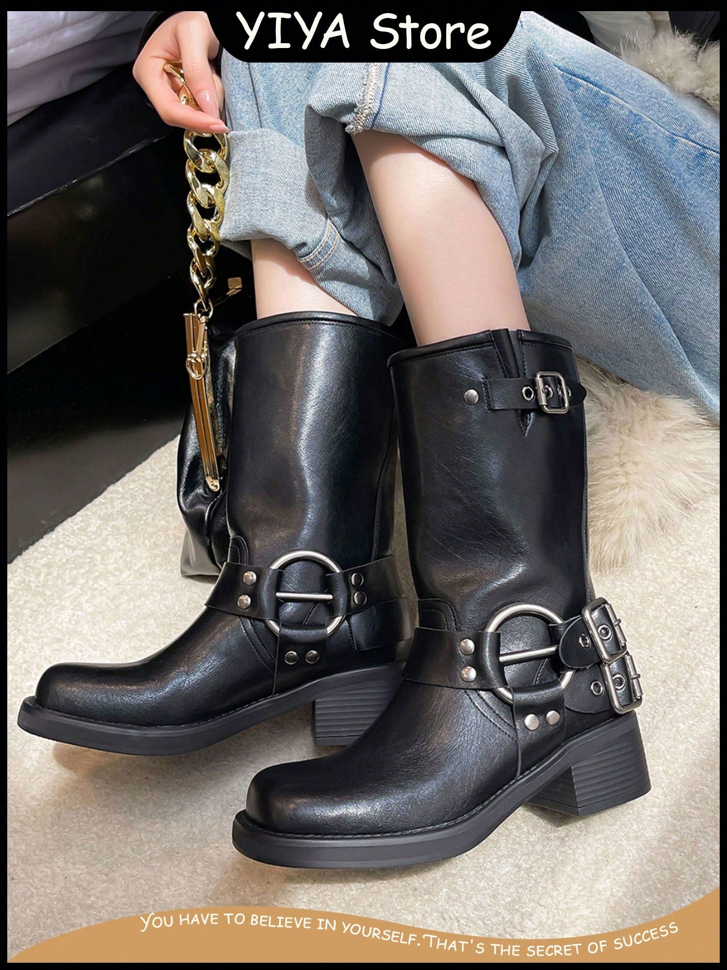 YIYA Women's Motorcycle Mid Calf Boots for Riding Buckle Studded Chunky Low Heel Biker Pull On Ankle Booties For Girls