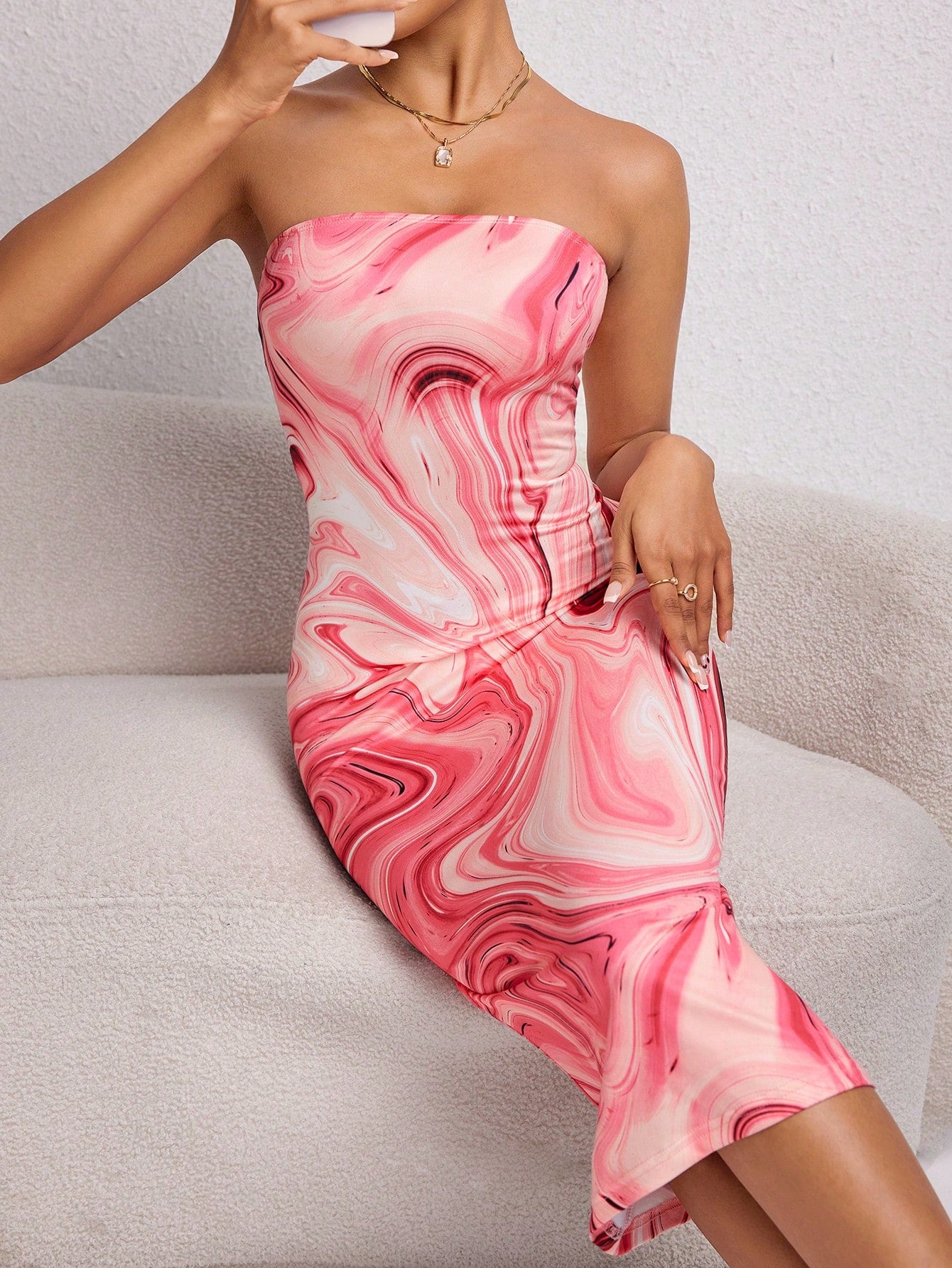 Marble Print Tube Bodycon Party Women Dress