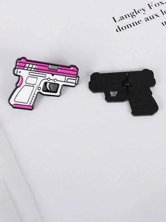 1pc Creative Cartoon Pink Gun Shaped Brooch For Girls, Cute Metallic Pink Pistol Badge