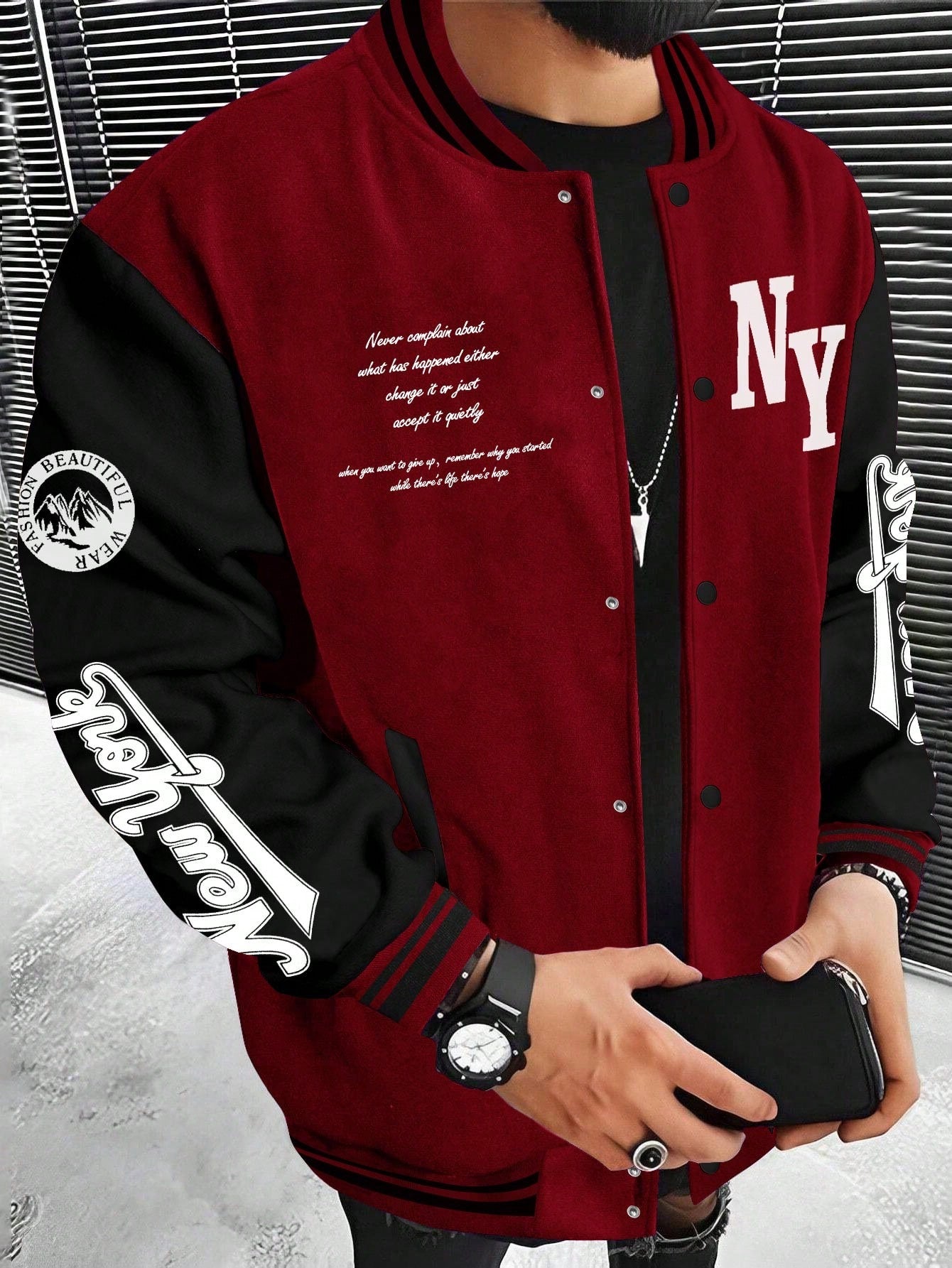 X Virginia & ZeFelipe Men Slogan Graphic Two Tone Varsity Jacket