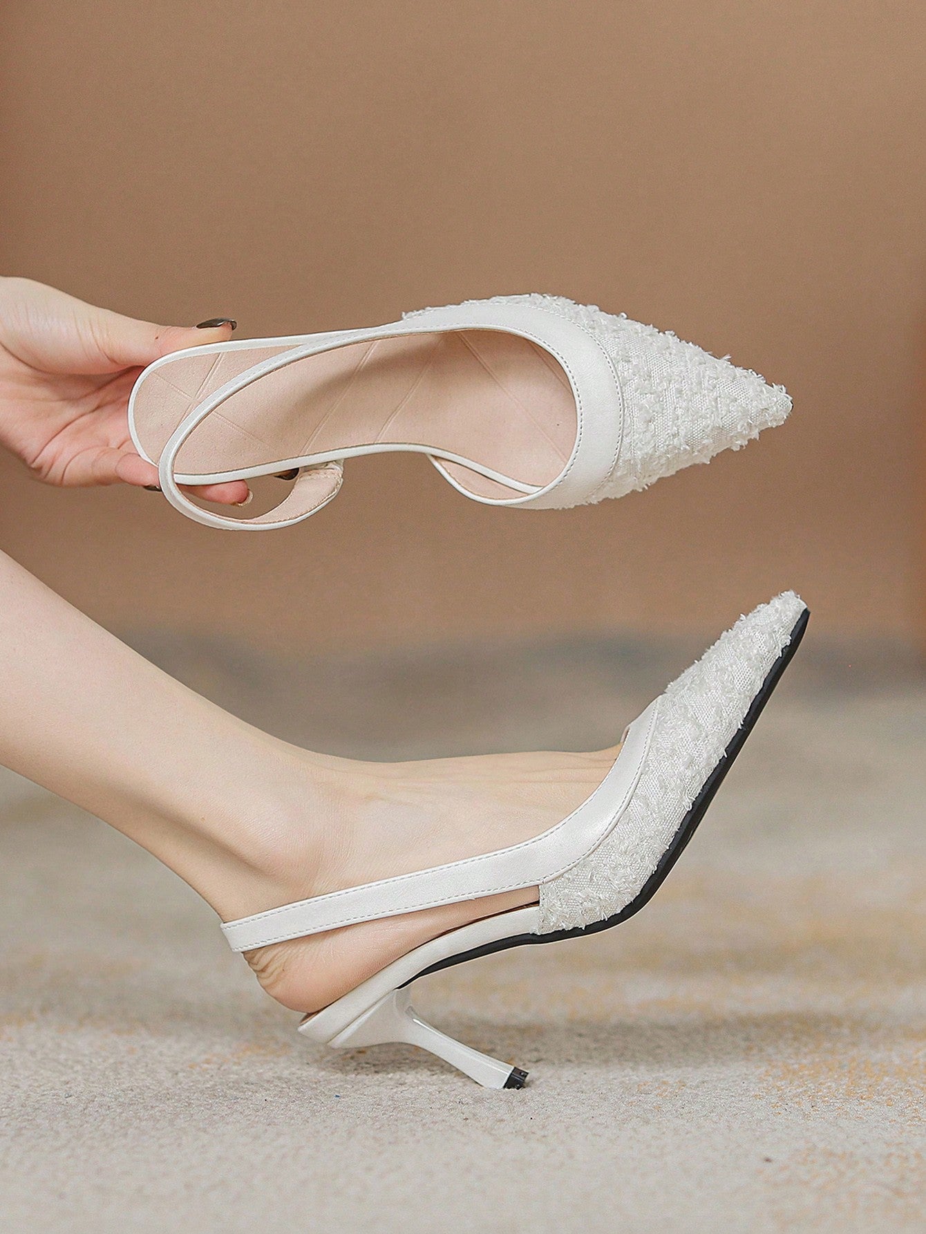 Ladies' Lace White Sexy High Heels, Pointed Toe Kitten Heel Sandals, Party & Fashionable, Breathable With Open Heels For Summer