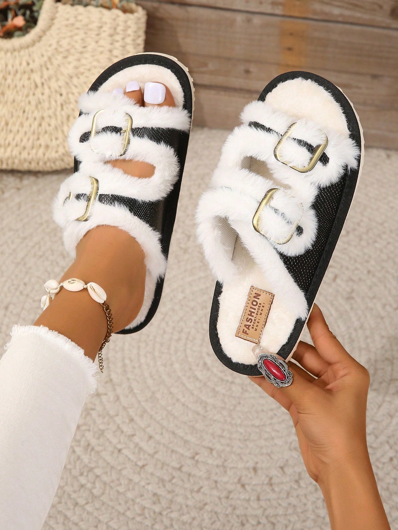 Women's Home Slippers With Buckle Strap, Plush Indoor House Shoes