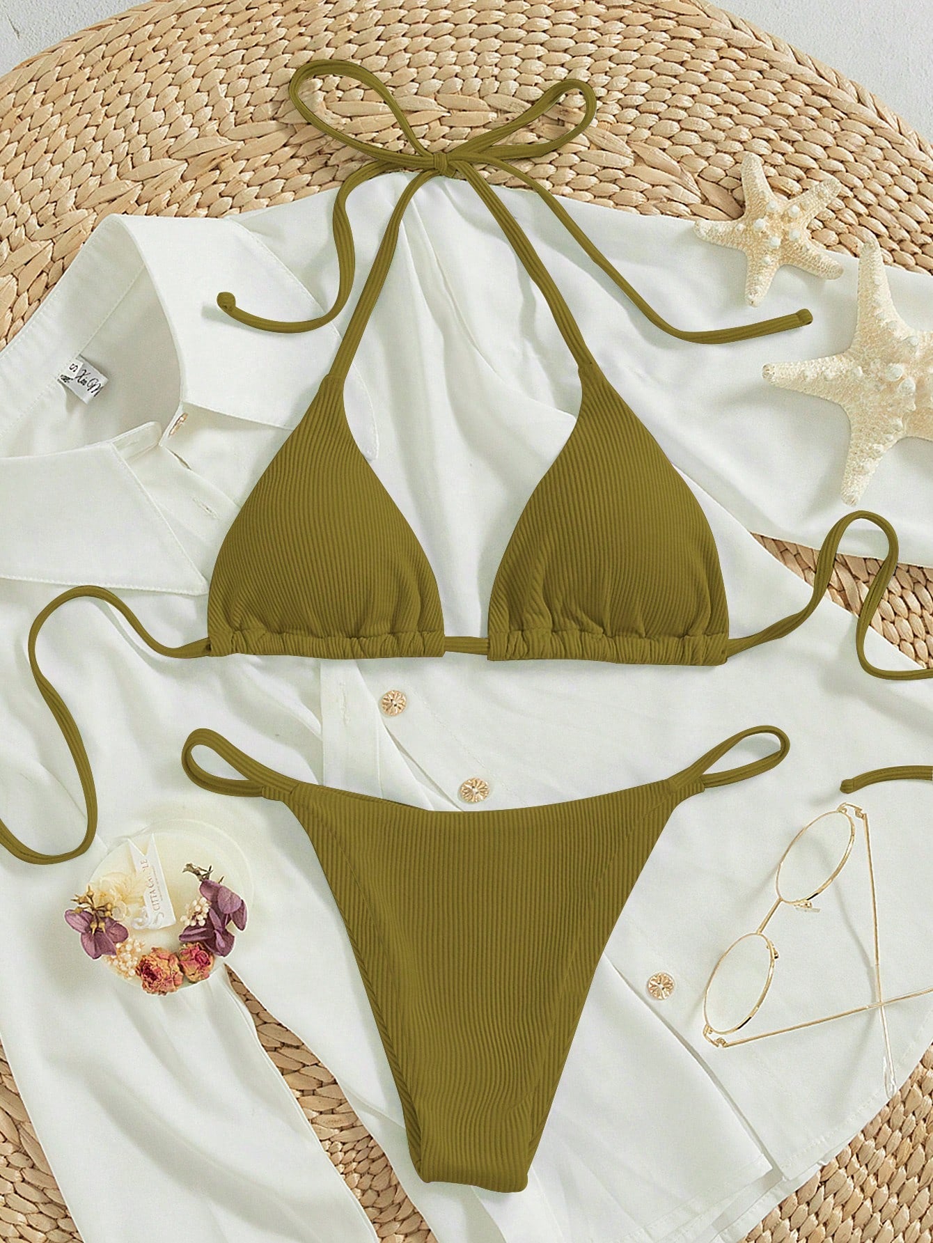 Swim Summer Beach Ribbed Bikini Set Tie Back Halter Triangle Bra & Thong 2 Piece Bathing Suit